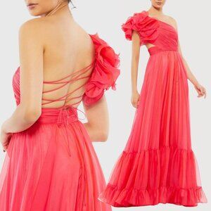 Mac Duggal Size 4 Watermelon Pink Ruffled Lace Up Back Long Maxi Dress Gown